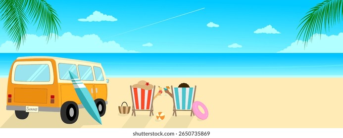 Happy summer web banner vector illustration. Retro orange van, tourist lover hands colorful deck chair drinking cocktail beverage to celebrate at tropical beach, traveler with blue sea and cloudy sky.