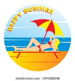 Happy summer, woman on beach deck and parasol, vector illustration, circle frame