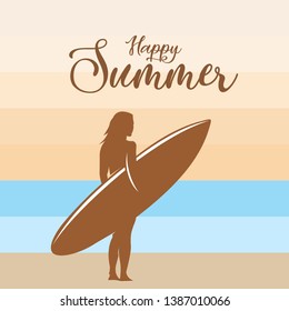 happy summer woman surf vintage background 