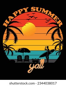 Happy summer Y all Summer shirt print template, sunshine sea vintage vector, typography design for summer holidays