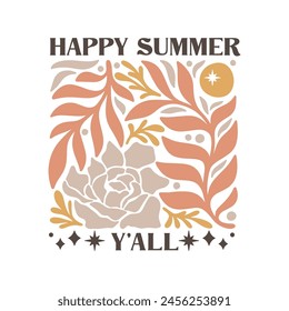 Happy Summer Y'all, Summer quote, wall art design, t-shirt illustration, Hand Drawn vector illustration