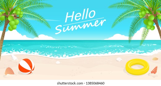 happy summer,beach blue wave,beach balls  vector
