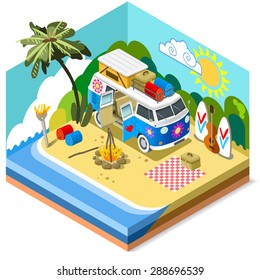 Happy Summertime Isometric American Diorama Flat 3d Vehicle Van Icon Caribbean Beach Life Picnic Equipment Camping Fire Surfboard Palm Hippie Holiday Vector 