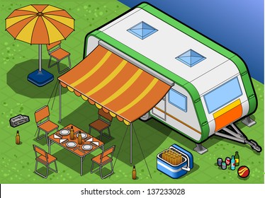 Happy Summertime. Stylish Isometric Flat Set which contains Gorgeous Grilled Steak Equipment for your Unforgettable Picnic Vector Illustration