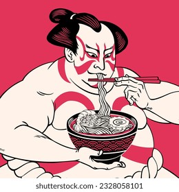 Happy Sumo Eating His Ramen With Ukiyo E Style Illustration