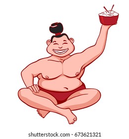 Happy sumo wrestler eating tasty rice! vector illustration