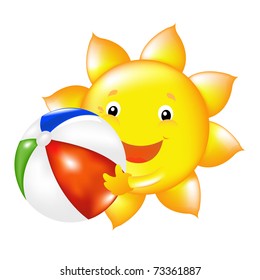 Happy Sun With Beach Ball, Vector Illustration