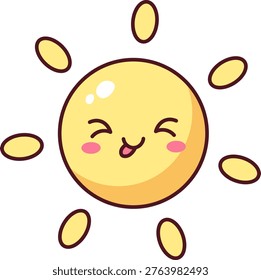 Happy sun with blushing cheeks and radiant rays in a cute cartoon style. Symbol of summer, warmth, joy, and holiday vibe. Cartoon vector illustration.