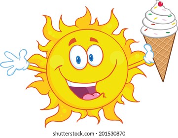 Happy Sun Cartoon Mascot Character Holding A Ice Cream. Vector Illustration Isolated on white