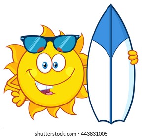 Happy Sun Cartoon Mascot Character With Sunglasses Holding A Blue Surf Board. Vector Illustration Isolated On White Background