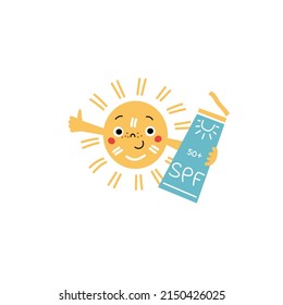 Happy sun character applied sunscreen. Vector cartoon illustration of cute character with opened SPF tube cream and thumb up. Sun safe and UV protection concept for kids.