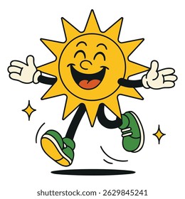 Happy sun character with big smile and open arms, walking forward radiantly, great for weather-themed content or cheerful branding.