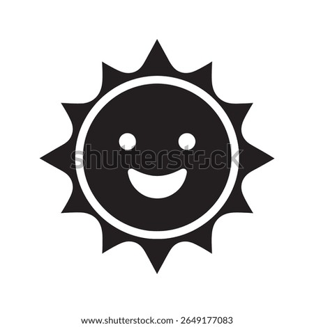 Happy sun character icon with a smiling face representing summer fun sunny weather a positive forecast and childrens holiday activities vector solid glyph icon