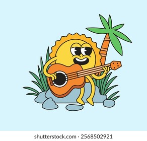 Happy sun character playing guitar on a tropical beach with palm trees cartoon hand drawn illustration