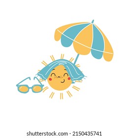 Happy sun chilling under beach umbrella with towel and sunglasses. Vacation on the beach cute vector illustration for print, baby and kids playing area design. 