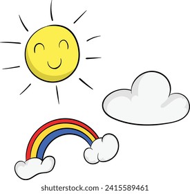 happy sun cloud and rainbow stylized art