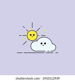 Happy sun and cloud smile face icon Vector Illustration, design vector template, vector icon flat design for website, symbol, logo, icon, sign, app, UI, cute, weather, nature.