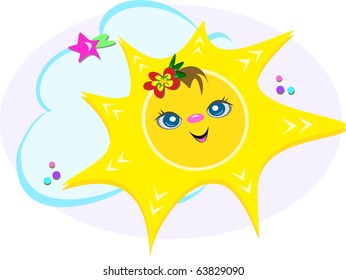 Happy Sun with Clouds and Stars