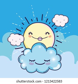 happy sun with cute fluffy clouds