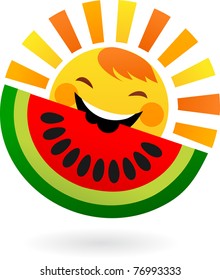 happy sun eating slice of watermelon