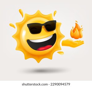 Feliz emoticono solar con la llama en una mano. 3.d vector aislado en fondo blanco