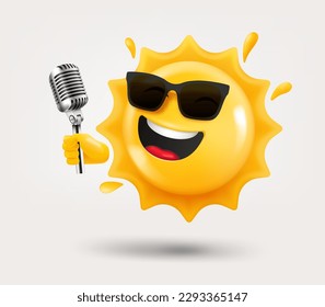 Feliz emoji solar con micrófono en la mano. 3.d vector aislado en fondo blanco