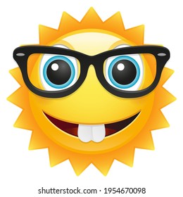 Feliz Sun Emoji Nerd Gafas de sol. Icono de vacaciones de verano. Ilustración Vector Diseño Arte Emote.