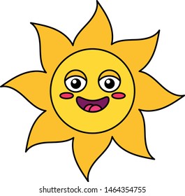 Happy sun emoji outline illustration. Yellow emoticon, social media cartoon sticker with blush