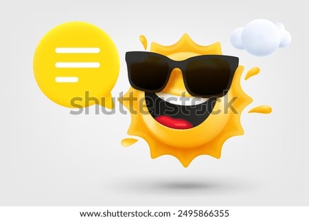 Happy sun emoji with speech bubble. 3d vector illustration