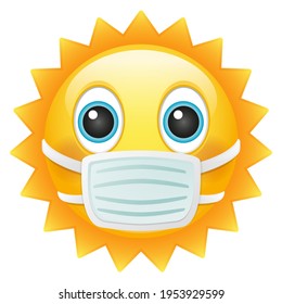 Happy Sun Emoji Surgical Mask Protection. Summer Vacations Coronavirus. Illustration Virus Vector Design Art Emote.