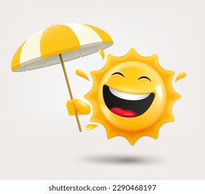 Happy sun emoji with umbrella in a hand. 3d vector isolated on white background