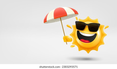 Feliz emoticono solar con paraguas en la mano. Banner vectorial 3d con espacio de copia