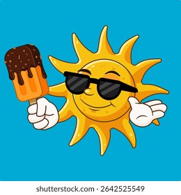 Happy Sun Enjoying a Popsicle on a Summer Day Vector Illustration Cartoon Design