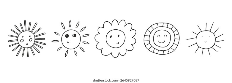 Happy Sun Face Doodle Collection. Cute Smile Baby Sun Character. Line Vector Illustration