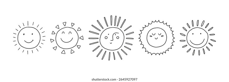 Happy Sun Face Doodle. Cute Smile Baby Sun Character. Line Vector Illustration