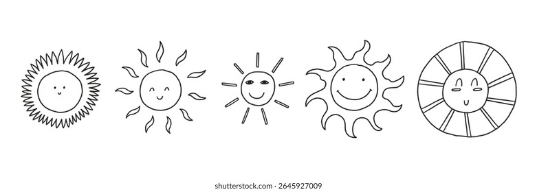 Happy Sun Face Doodle Set. Cute Smile Baby Sun Character. Line Vector Illustration
