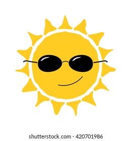 Happy sun fun icon. Cute smiling sign with sunglasses. Cartoon design. Yellow element, isolated on white background. Vector illustration