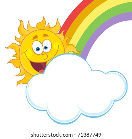 Happy Sun Hiding Behind Cloud And Rainbow