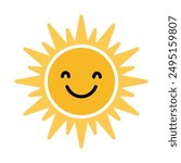 Happy sun icon. Cartoon cute sun character. Smiling summer sunshine. Vector illustration