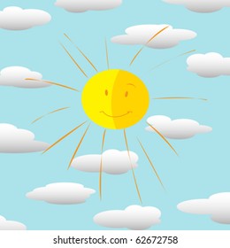 Happy sun icon and clouds background