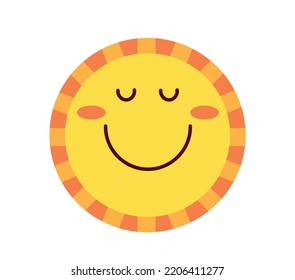 Happy sun icon. Graphic element for printing on fabric. Symbol of weather forecast, summer and spring time of year. Greeting character. Poster or banner for website. Cartoon flat vector illustration