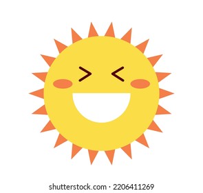 Happy sun icon. Laughing and round character. Positivity and optimism. Graphic element for printing on kids fabric. Symbol of spring and summer time of year. Cartoon flat vector illustration