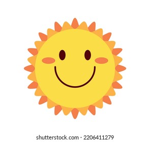 Icono de sol feliz. Etiquetas para redes sociales y mensajeros instantáneos. Positivo y optimista, emociones y expresiones faciales, sentimientos. Emoji y emoticonos. Dibujo vectorial plano de dibujos animados