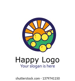 Happy sun logo. Abstract icon, cute sun icon. Emblem for children's beaches, sport teams, water parks.