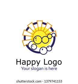 Happy sun logo. Abstract icon, cute sun icon. Emblem for children's beaches, sport teams, water parks.