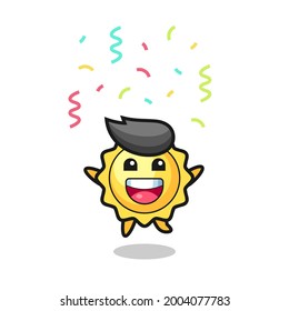 happy sun mascot jumping for congratulation with colour confetti , cute style design for t shirt, sticker, logo element