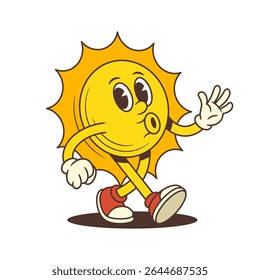 Happy sun mascot walking with confidence while whistling a tune, designed in old-fashioned cartoon style. Ideal for summer designs, kids projects, or branding. Vector illustration