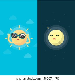 Happy Sun and moon cartoon, Day and night concept, Vector illustration.
