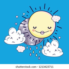 happy sun and moon with sad clouds