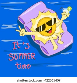 Happy sun on floating air mattress with cocktail glass in hand